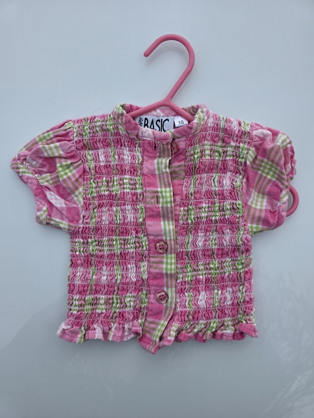 Basic Pink Plaid Smocked Short Sleeve Top for Kids